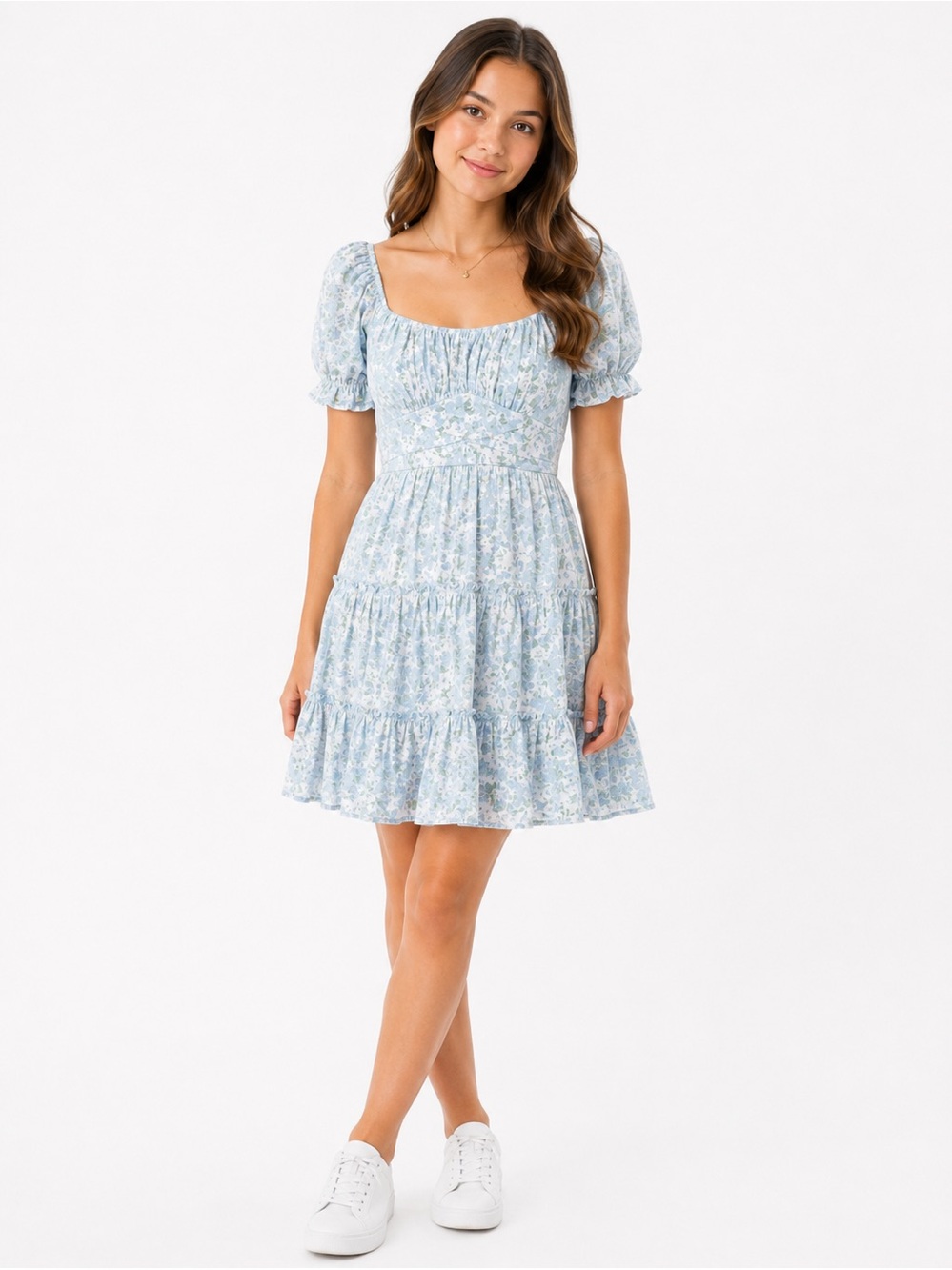 Trixxi Light Pale Blue & Green Floral LinedPuff-Sleeve Tiered Mini Dress Size XS